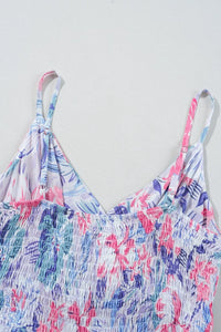 Floral Spaghetti Strap Surplice Neck Shirred Waist Mini Dress