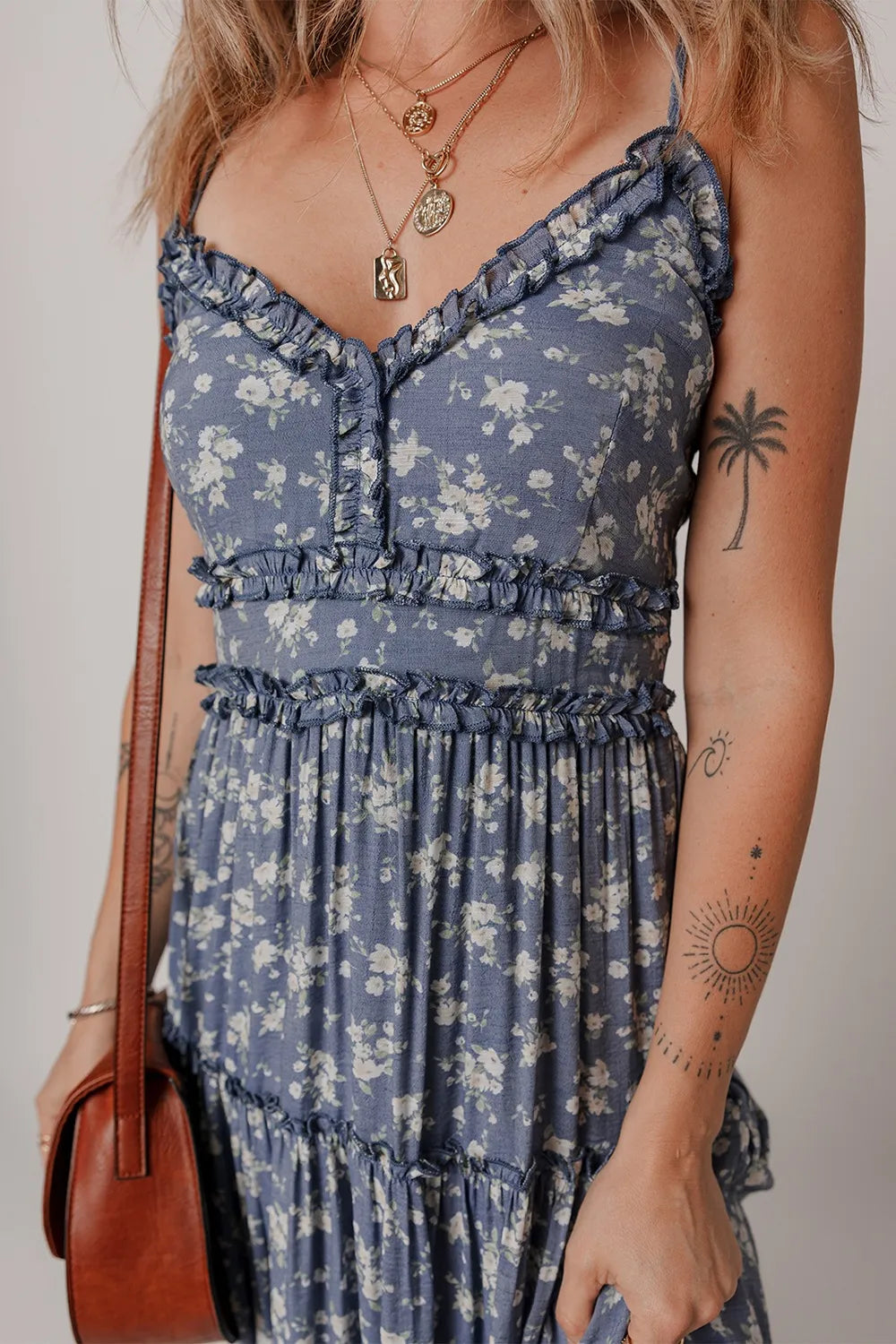 Floral Spaghetti Strap Frilled V Neck Tiered Midi Dress