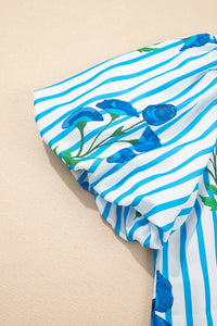 Stripe Floral Notched Neck Puff Sleeve Summer Blouse
