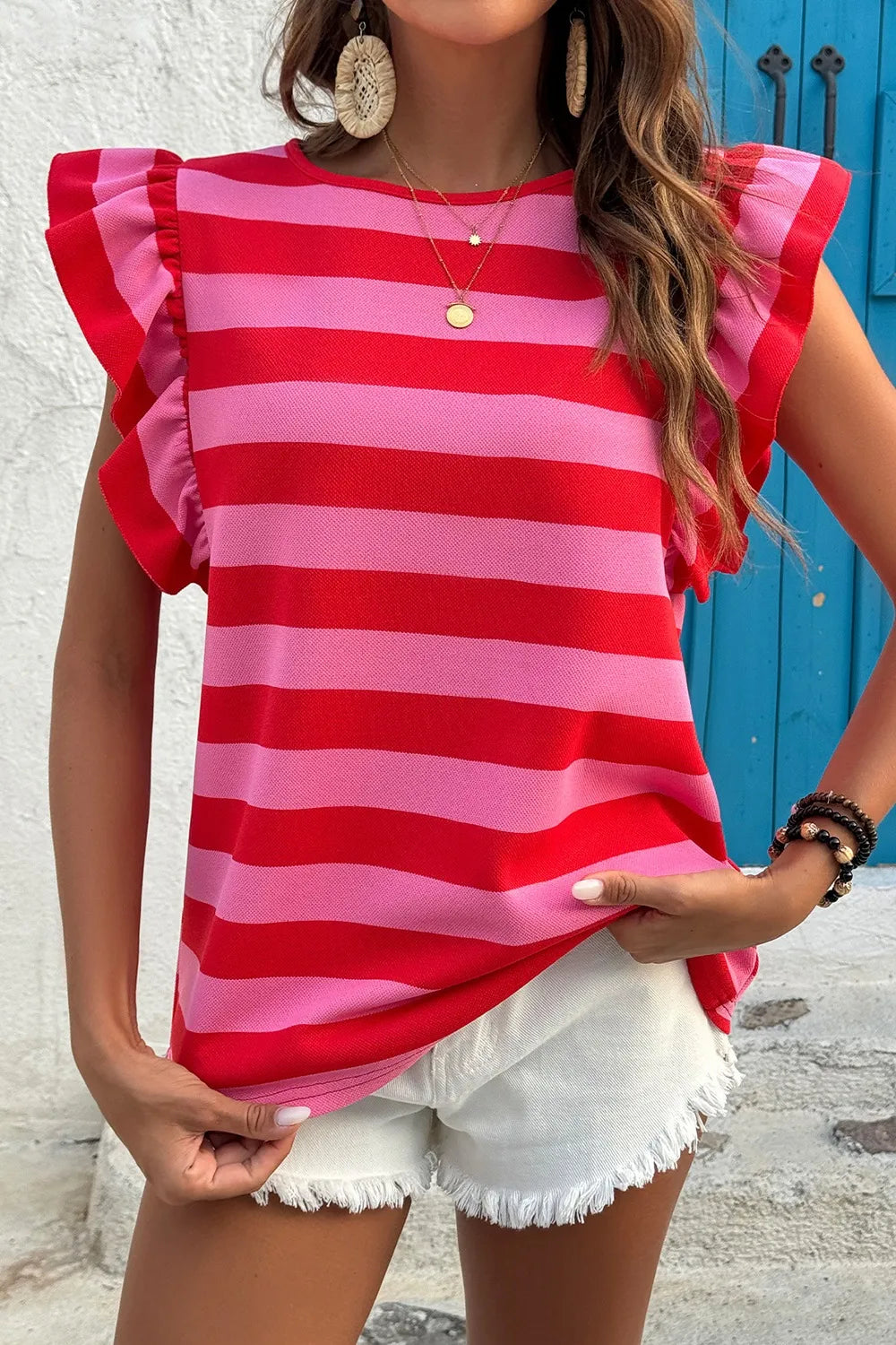 Striped Ruffle Sleeve Summer T-Shirt