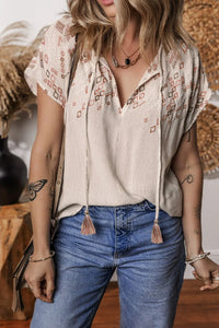 Geometric Embroidered Short Sleeve Tassel Tie Neck Blouse