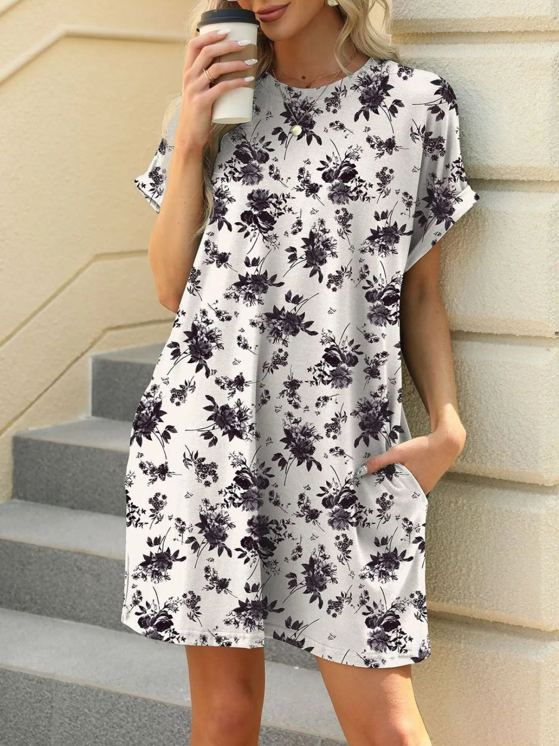 Printed Round Neck Short Sleeve Mini Dress