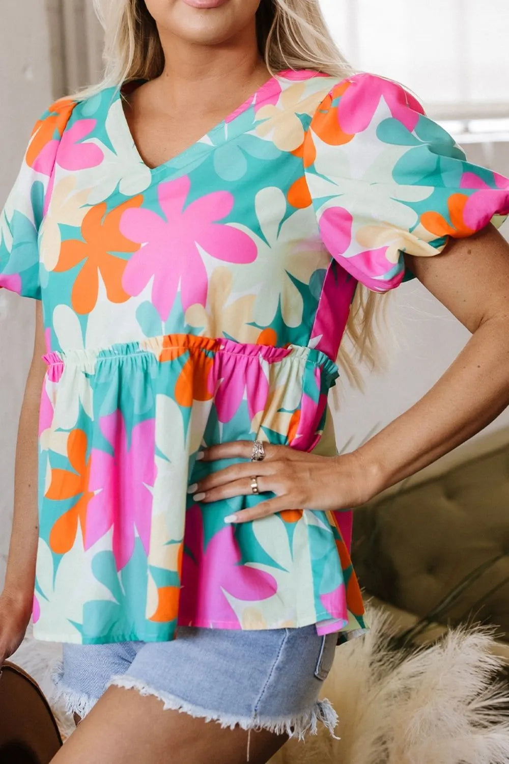 Floral Print Bubble Sleeve V Neck Peplum Blouse