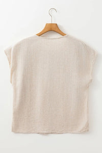 Geometric Embroidered Short Sleeve Tassel Tie Neck Blouse