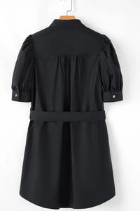 Button Up Tie Waist Puff Sleeve Mini Shirt Dress