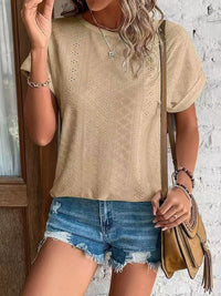 Eyelet Round Neck Short Sleeve T-Shirt