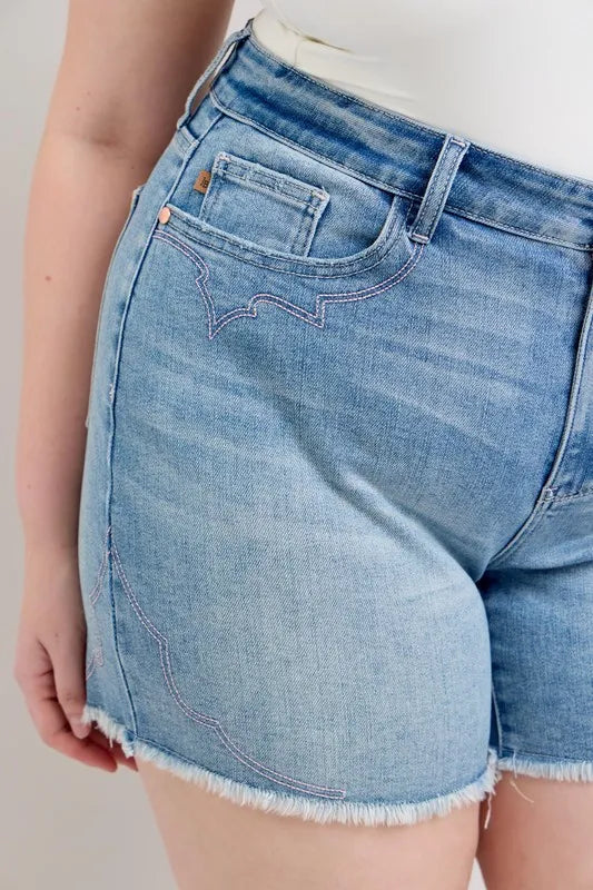Judy Blue Full Size High Waist Western Embroidery Detail Cut Off Denim Shorts Plus Size