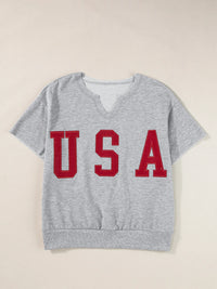USA Lettering Patch Notched Neck T-Shirt