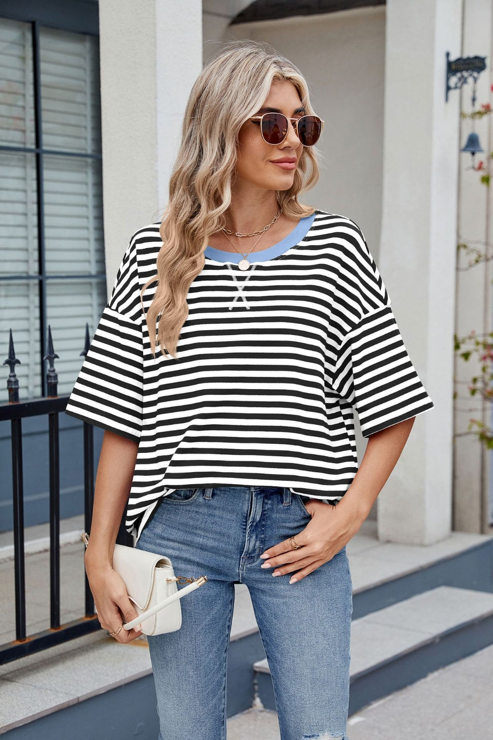 Contrast Striped Round Neck Half Sleeve T-Shirt