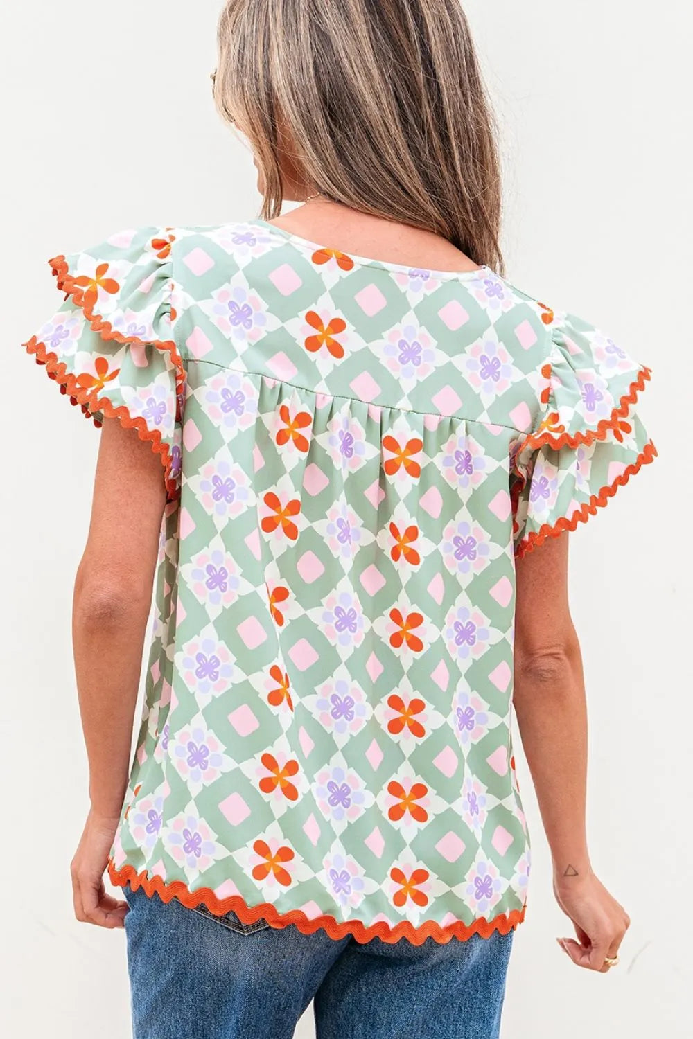 Floral Print V-neck Flutter Sleeve Blouse