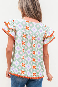 Floral Print V-neck Flutter Sleeve Blouse