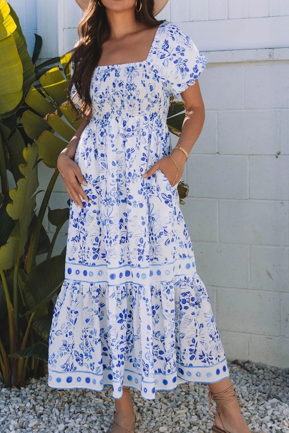 Smocked Printed Square Neck Puff Sleeve Dress