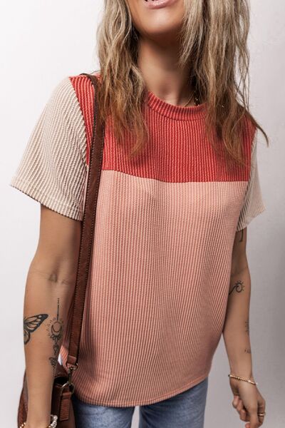 Color Block Round Neck Short Sleeve T-Shirt