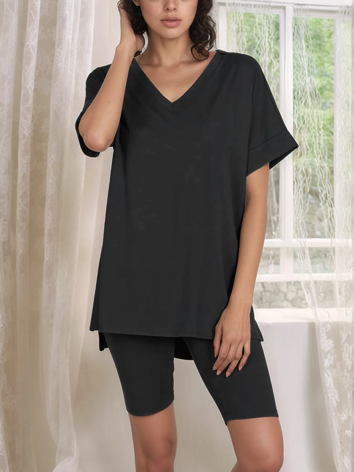 V-Neck High-Low T-Shirt and Shorts Set
