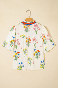 Floral Short Puff Sleeve Notched Blouse