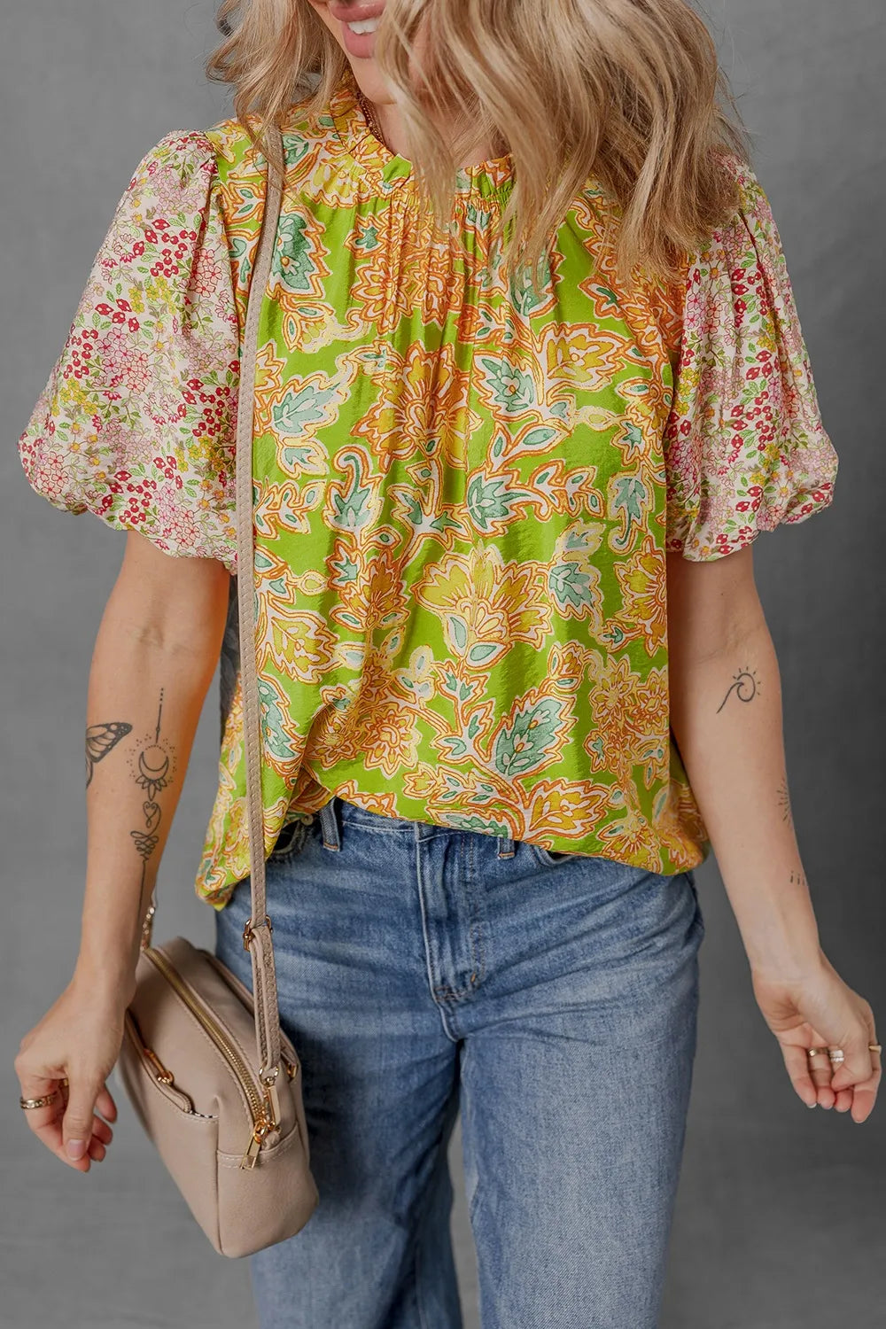 Multicolour Printed Contrast Bubble Sleeve Patchwork Blouse