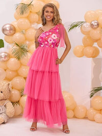 Embroidered Layered Single Shoulder Midi Dress