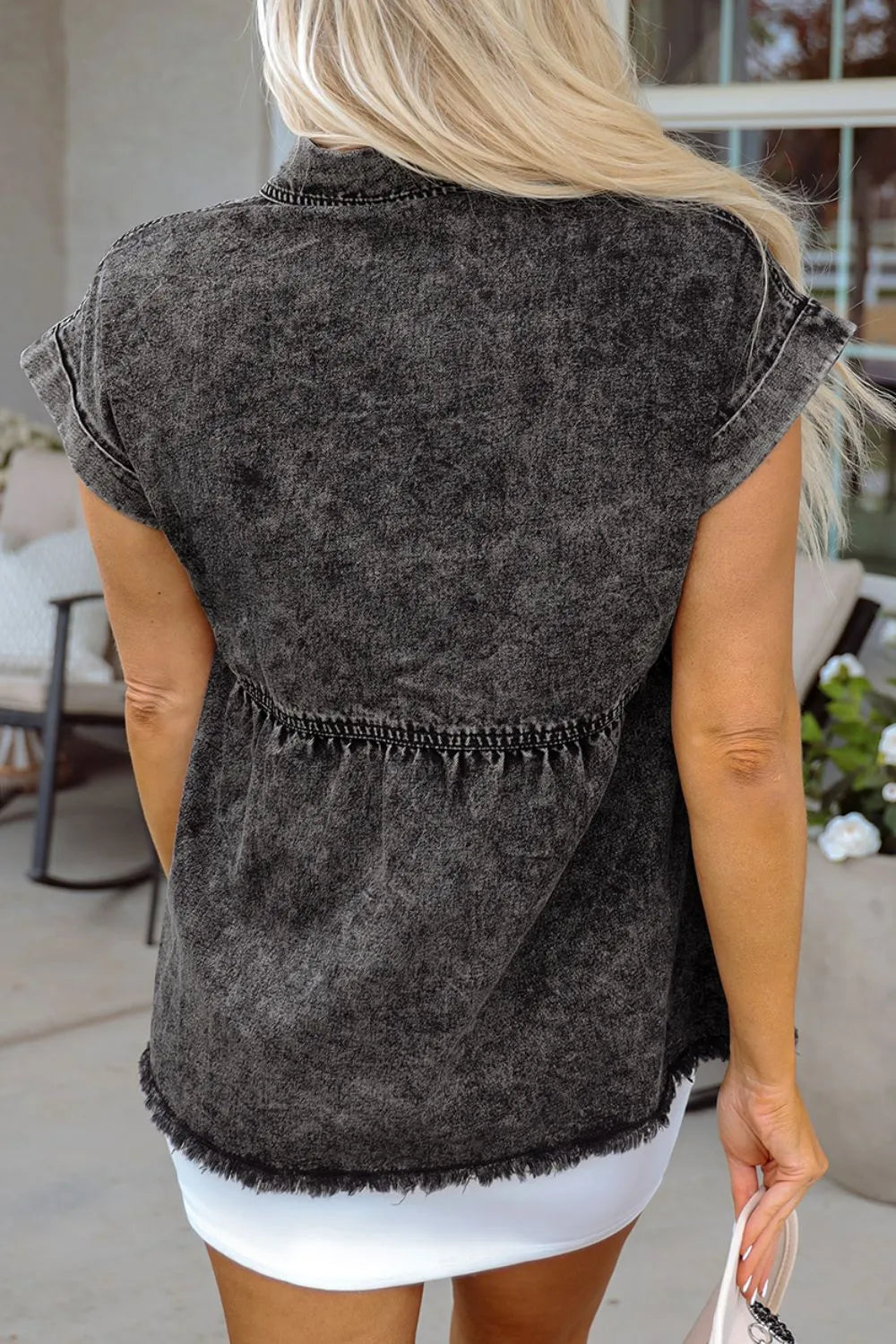 Short Sleeve Flap Pocket Button Up Raw Hem Denim Shirt