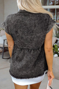 Short Sleeve Flap Pocket Button Up Raw Hem Denim Shirt