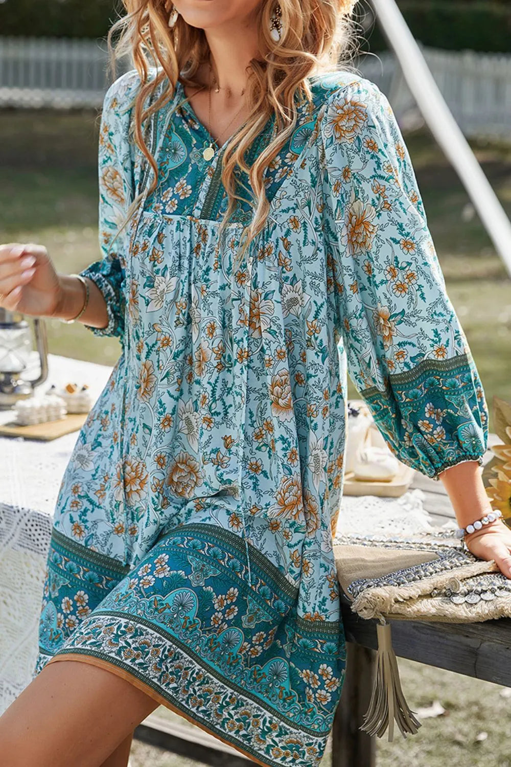 Devine Printed Tie Neck Mini Dress