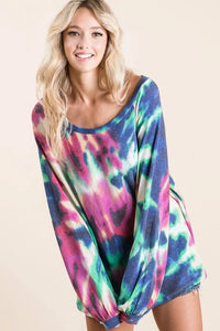 BiBi Tie Dye Print Terry Top with Puff Sleeves