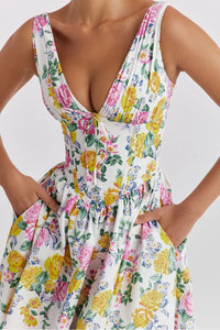 Floral V-Neck Sleeveless Midi Dress with Pockets