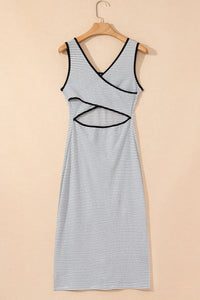 Stripe Crisscross Side Slits Slim Fit Sleeveless Midi Dress