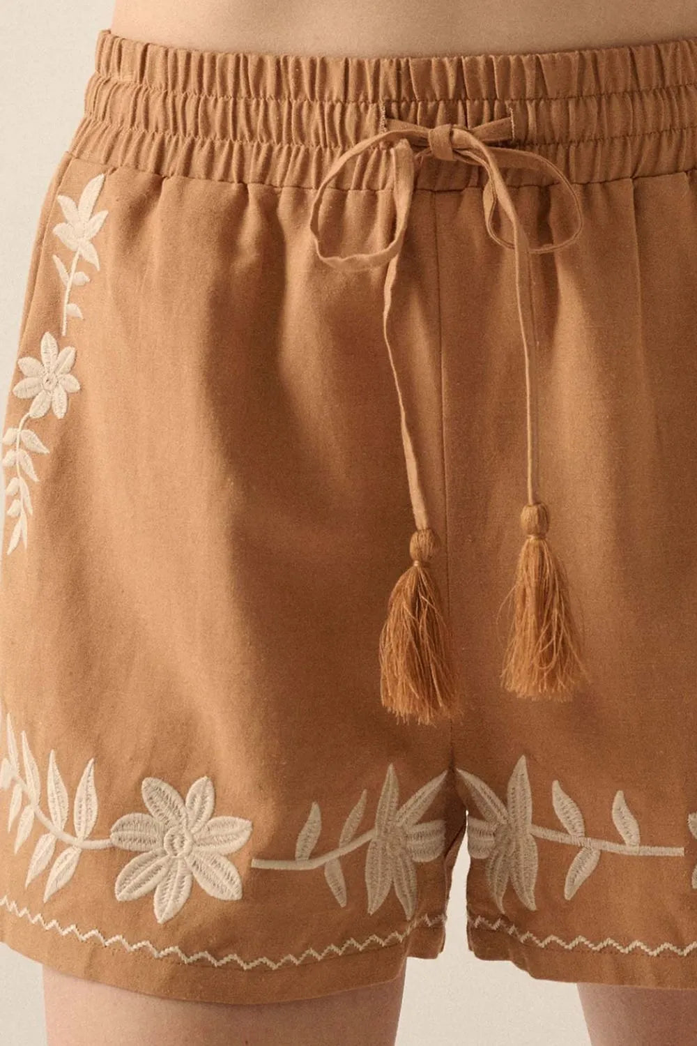 Embroidered Boho Tasseled Drawstring Elastic Waist Casual Shorts
