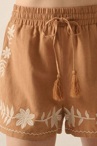 Embroidered Boho Tasseled Drawstring Elastic Waist Casual Shorts