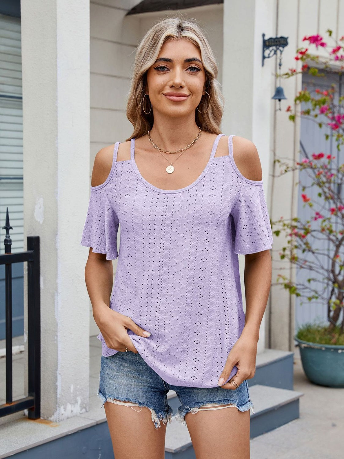 Florira Round Neck Cold Shoulder Eyelet T-Shirt
