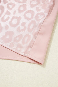 Leopard Jacquard Patchwork Crisscross V Neck Short Sleeve Blouse