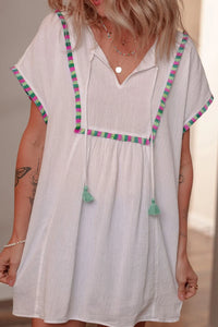 Tassel Tie Neck Short Sleeve Blouse