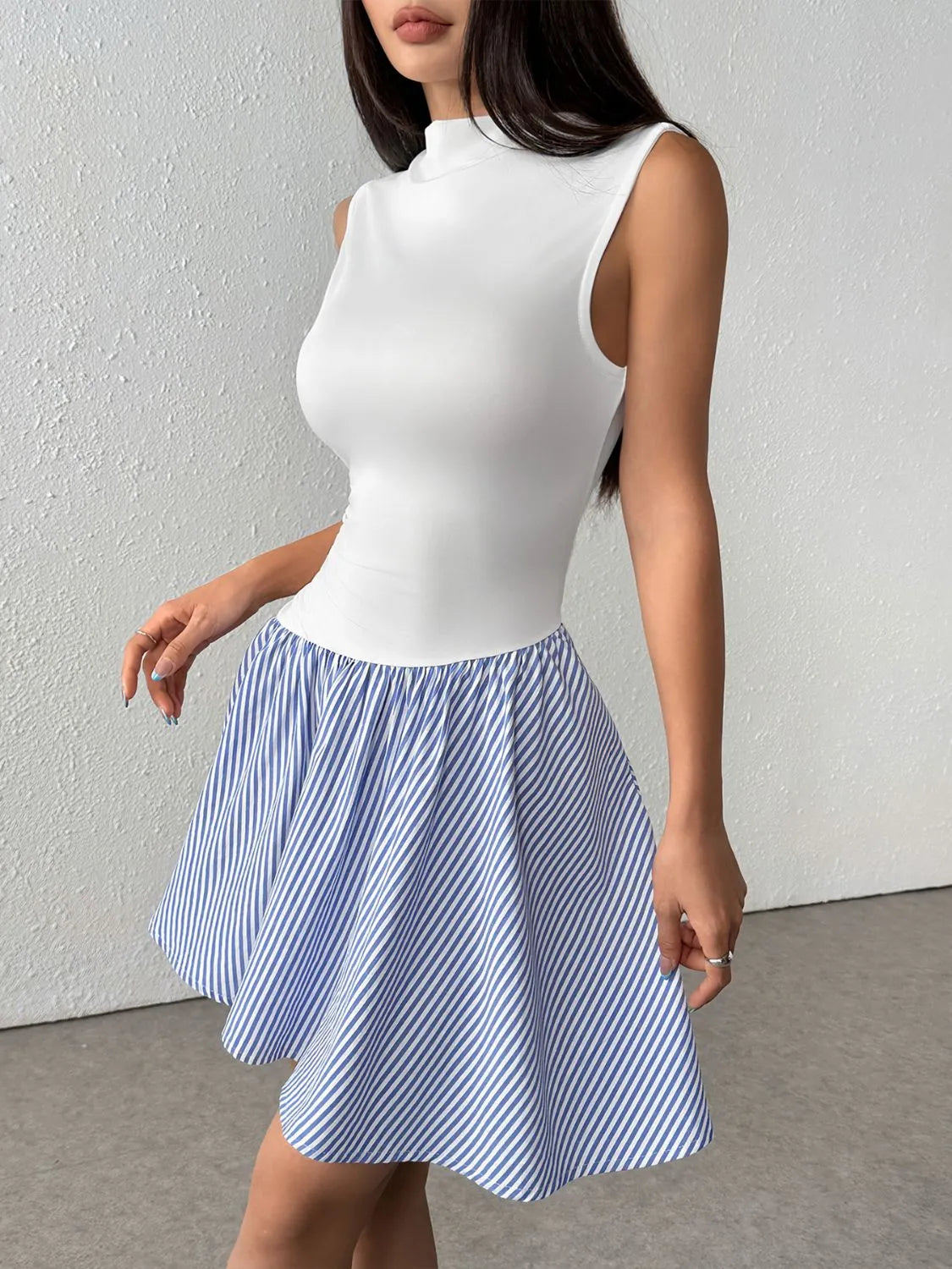 Striped Mock Neck Sleeveless Mini Tank Dress