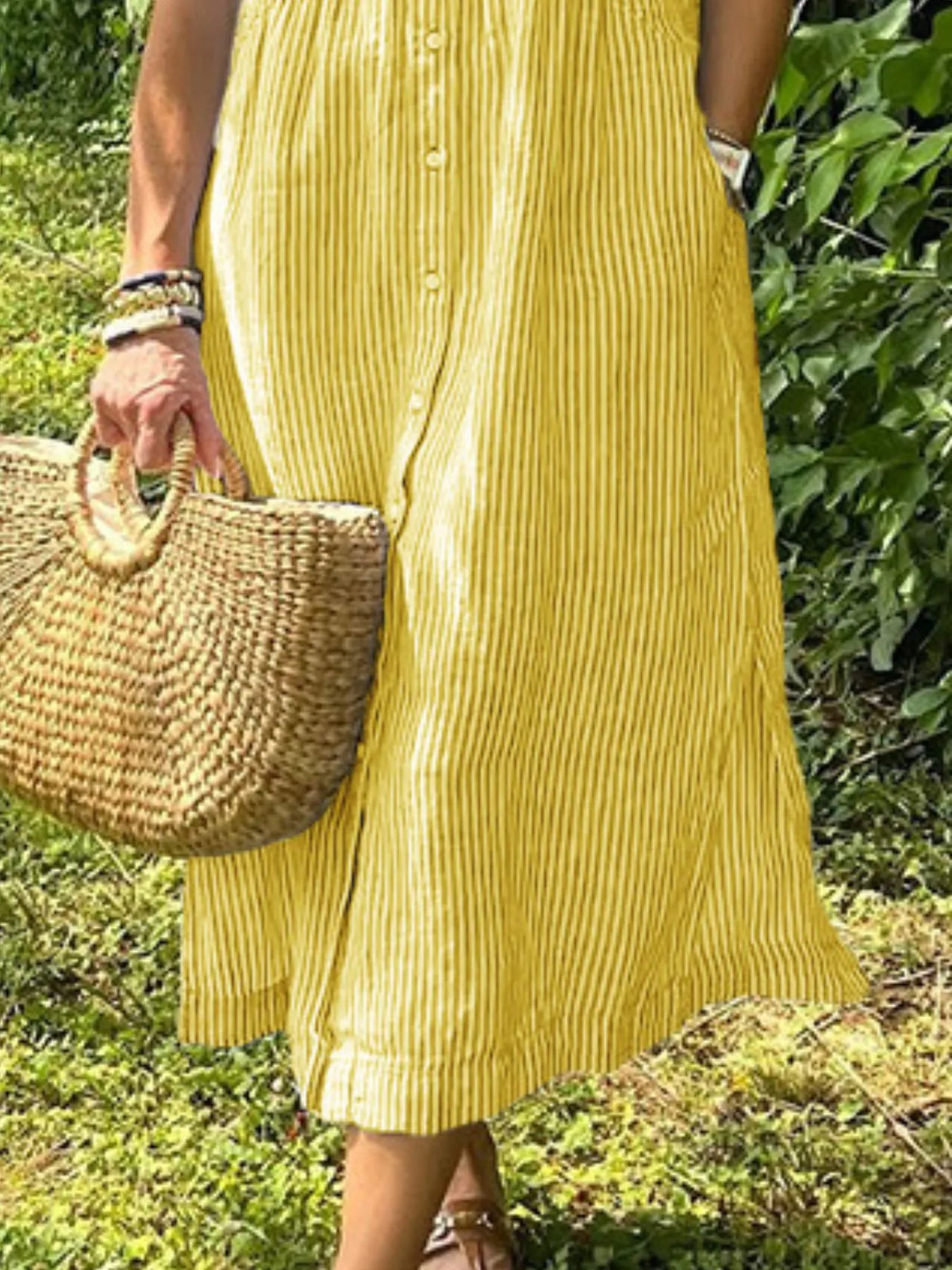 Full Size Striped Button-Front Midi Dress Plus Size