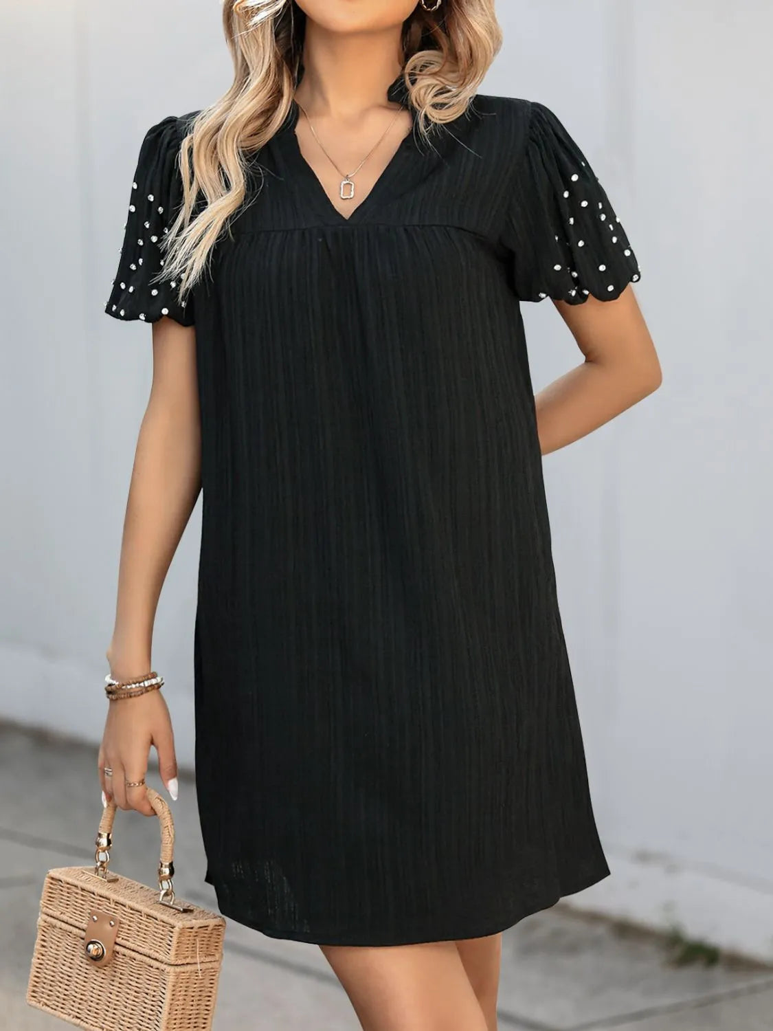 Textured V-Neck Short Sleeve Mini Dress
