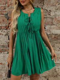 Tied Front Pleated Sleeveless Mini Dress