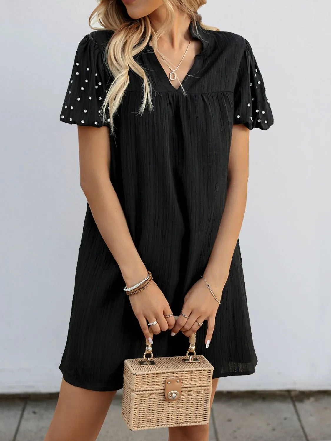 Textured V-Neck Short Sleeve Mini Dress