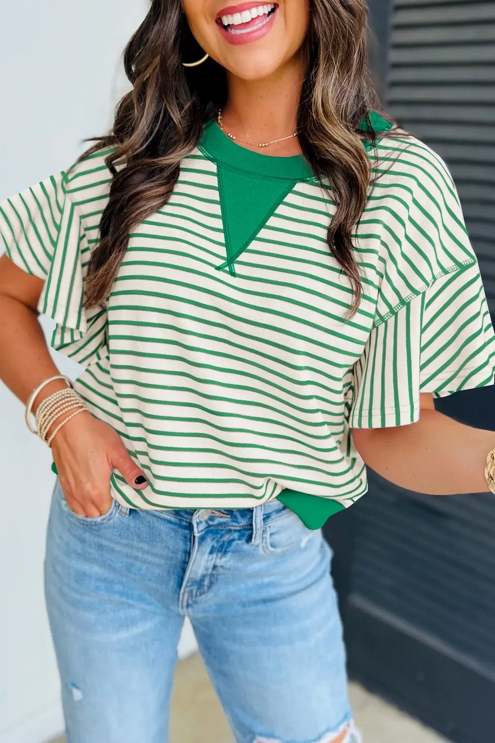 Striped Flounce Sleeve Casual Blouse