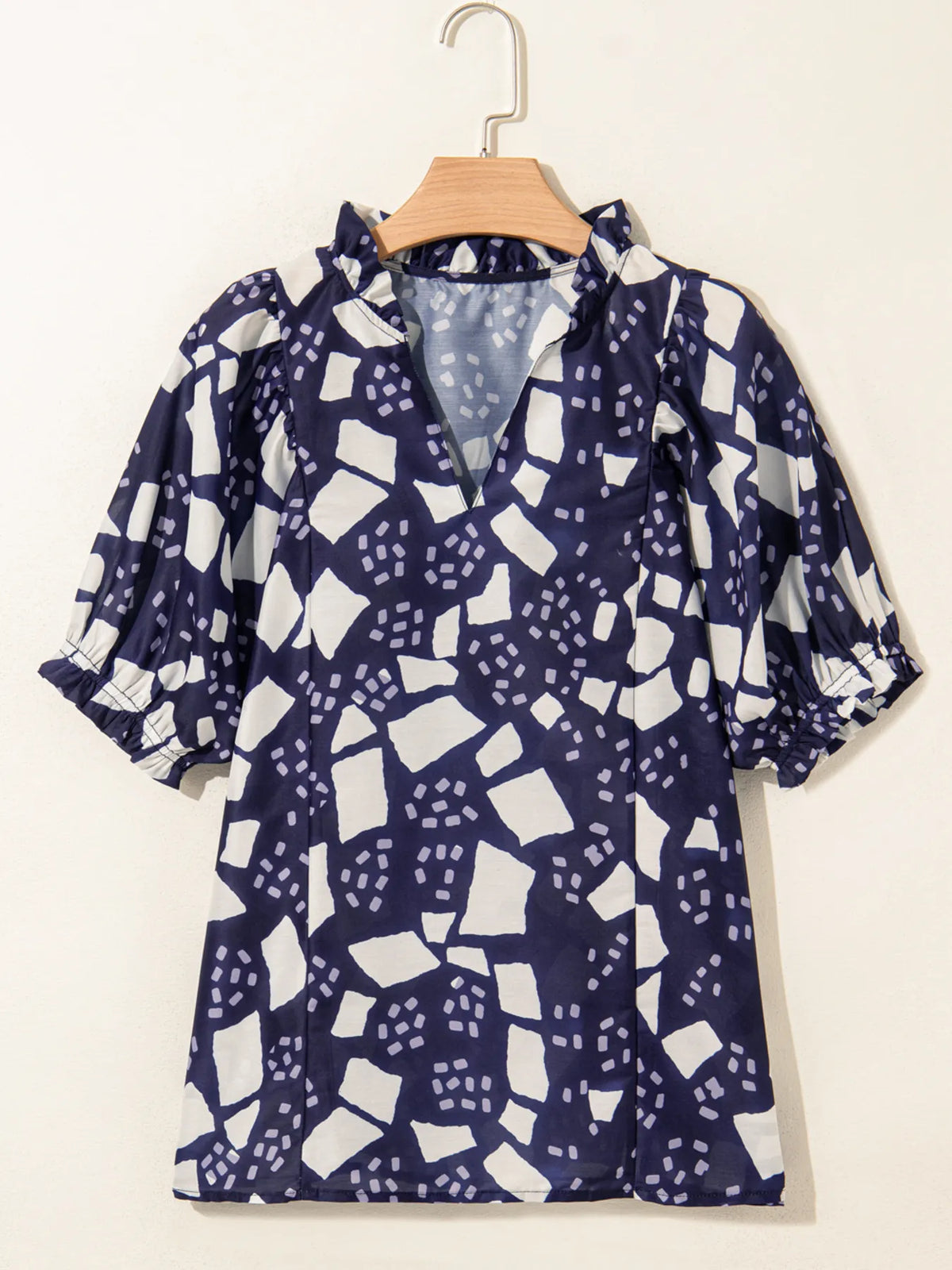 Abstract Print Frilled Puff Sleeve V Neck Blouse