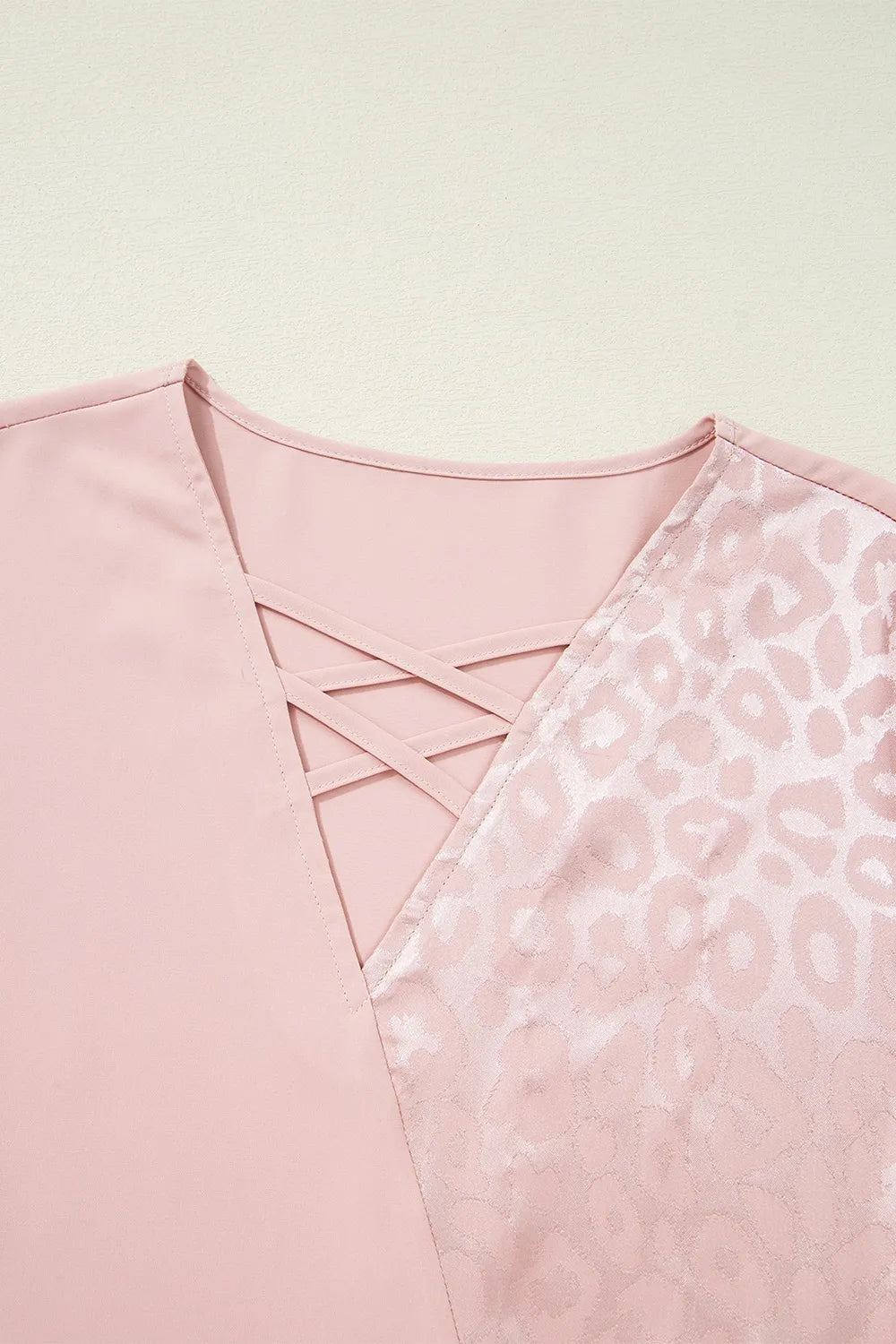 Leopard Jacquard Patchwork Crisscross V Neck Short Sleeve Blouse