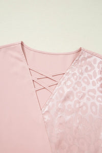 Leopard Jacquard Patchwork Crisscross V Neck Short Sleeve Blouse