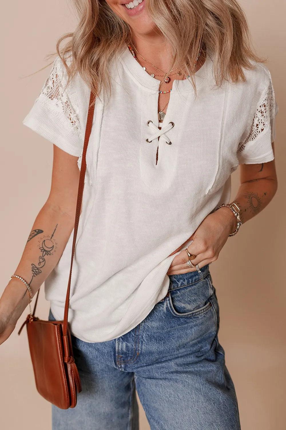 Ribbed Texture Lace Patchwork Short Sleeve Top