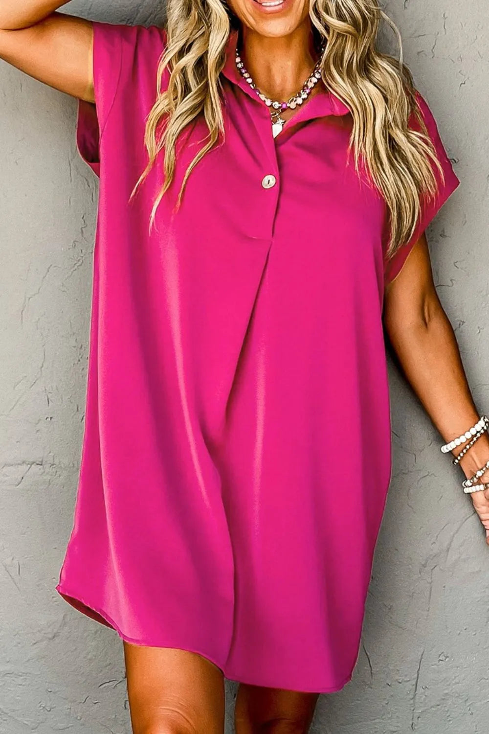 Buttoned Collared Neck Mini Shirt Dress