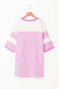 Striped Round Neck Three-Quarter Sleeve Mini Dress