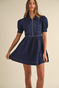 Collared Neck Half Zip Denim Dress