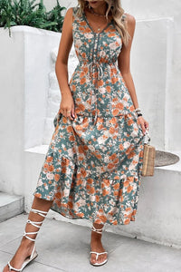 Floral Print Trimmed V Neck Tie Waist Sleeveless Dress