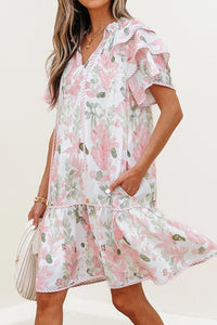 Floral Contrast Edge Layered Short Sleeve Mini Dress