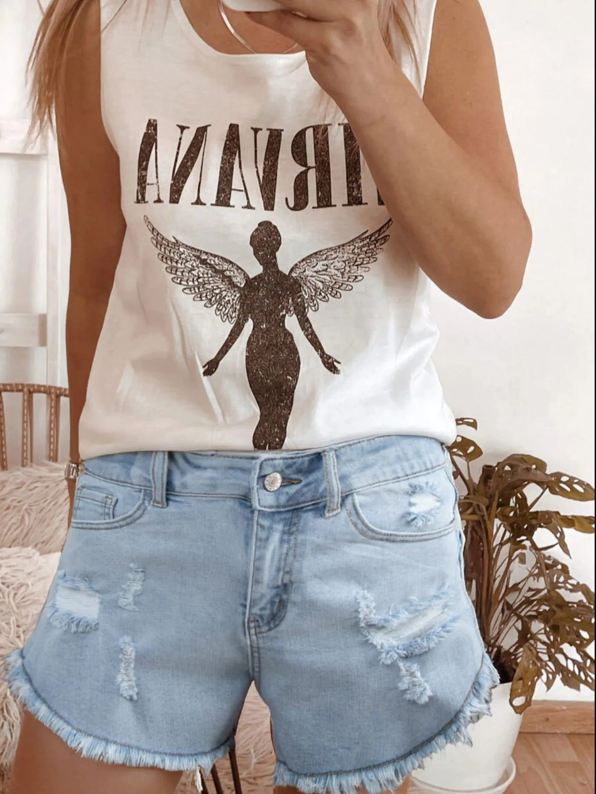 High Rise Distressed Raw Hem Denim Shorts