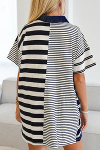 Button Detail Striped Short Sleeve Mini Dress