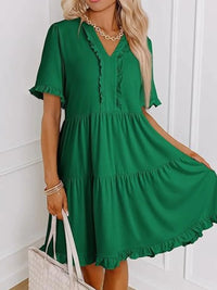 Tiered Notched Short Sleeve Mini Dress